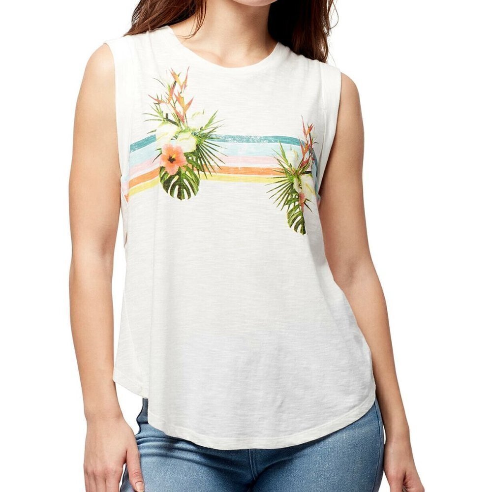 𝅺jr272 William Rast White Cotton Cross-Back Tropical Printed Top Size S